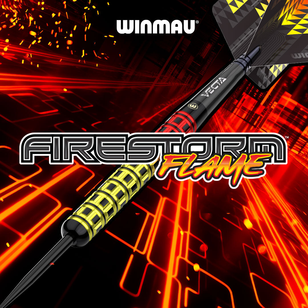 🎯| FIRESTORM FLAME A radical, visual design completed with the latest mill-grip technology the entire length of the dart. Firestorm Flame delivers the world's most explosive looking darts with performance to match. Available with Darts Retailers