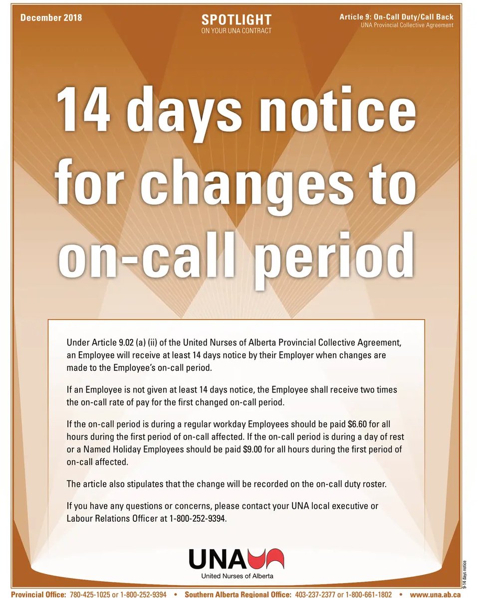 14 Days Notice For Changes To On-Call Period (Article 9: On-Call Duty/Call Back). Sunday Spotlight 🔦on your @UnitedNurses contract. #abnurses