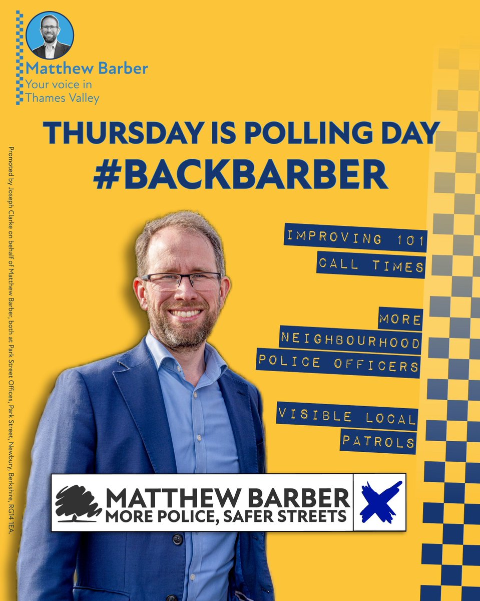 This Thursday you get to have your say on the future of policing in Thames Valley. Back my plan for more police and safer streets. ✅ Improving 101 call times ✅ More neighbourhood police officers ✅ Visible hotspot patrols Read more: matthewbarber.co.uk/crimefighters