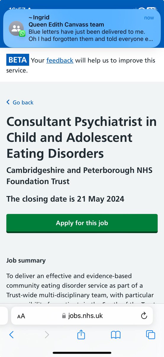 Consultant post in eating disorders in Cambridge. Join a brilliant team and get involved in the new Children‘s hospital and day services ⁦@CPFT_NHS⁩