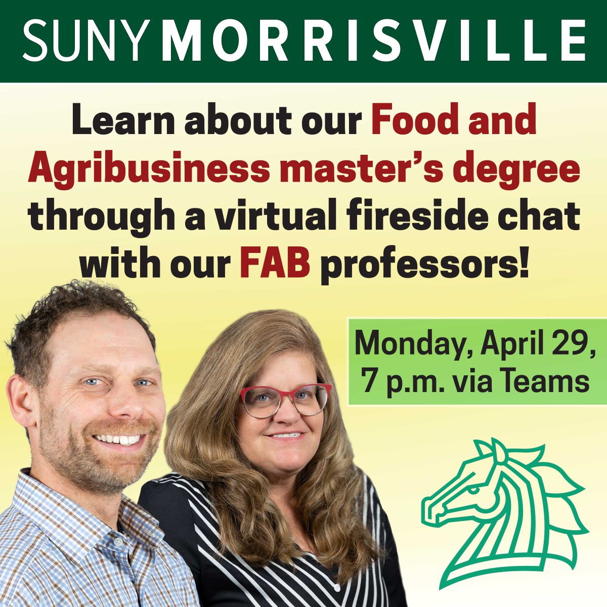 Interested in learning about our Food & Agribusiness (FAB) online master's degree? We have the event just for you! Please join us tomorrow, Monday, April 29 at 7 p.m. via Teams for a virtual fireside Q&A chat with our FAB professors! To register, visit: admissions.morrisville.edu/register/FABLi…