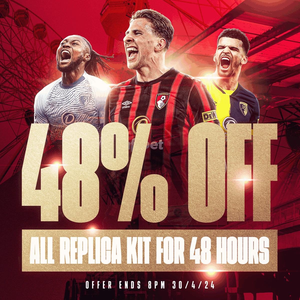 48 points ✅ 48% off kits ✅ A sensational offer to celebrate a sensational achievement 👏 Available online and in-store 👕 superstore.afcb.co.uk