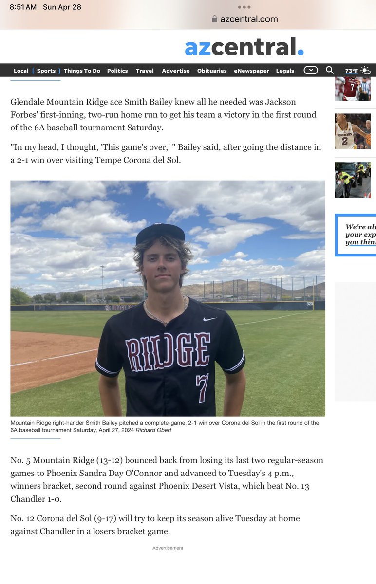 AdminLeadServe's tweet photo. Ridge gets featured in the papers with their 2-1 victory in the opening round of the 6A baseball playoffs! @DVUSD @TheMRHS @mrhs_athletics @LionBoosters @DvusdA @azcsports @azc_obert https://t.co/kzxhdWB3H6