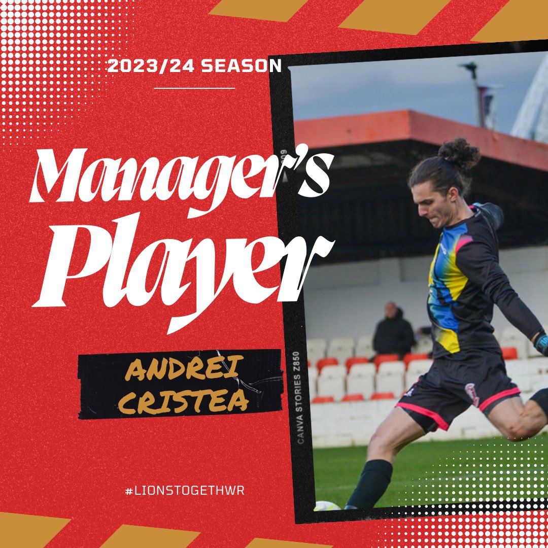 Wembley FC Awards 2023/24:

Andrei Cristea wins the Manager’s Player of the Season award. Ian Bates has selected his reliable stopper who contributed to 7 clean sheets this season. 

🦁 | #LionsTogether