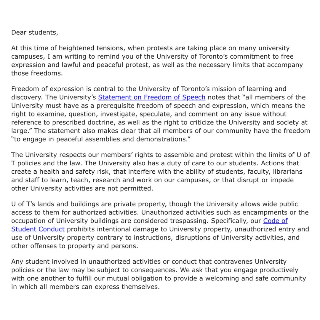 With tensions running high on university campuses, Vice-Provost Sandy Welsh's message to the @UofT student body emphasizes the importance of freedom of expression within defined limits. It's crucial for other Canadian universities to follow suit in taking proactive steps to…