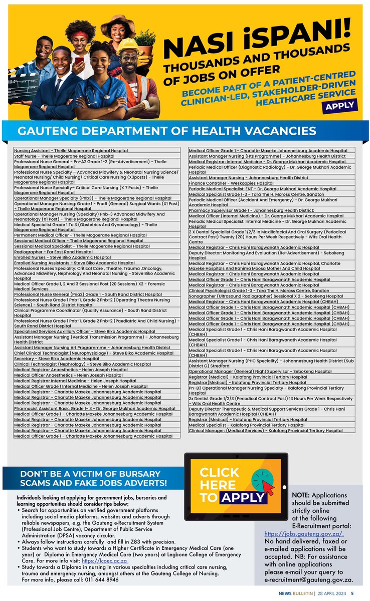 Gauteng, nasi ispani. Register and apply for jobs offered by the Gauteng Department of Health. Click here to apply: jobs.gauteng.gov.za #NasiIspani #JobSeekersSA