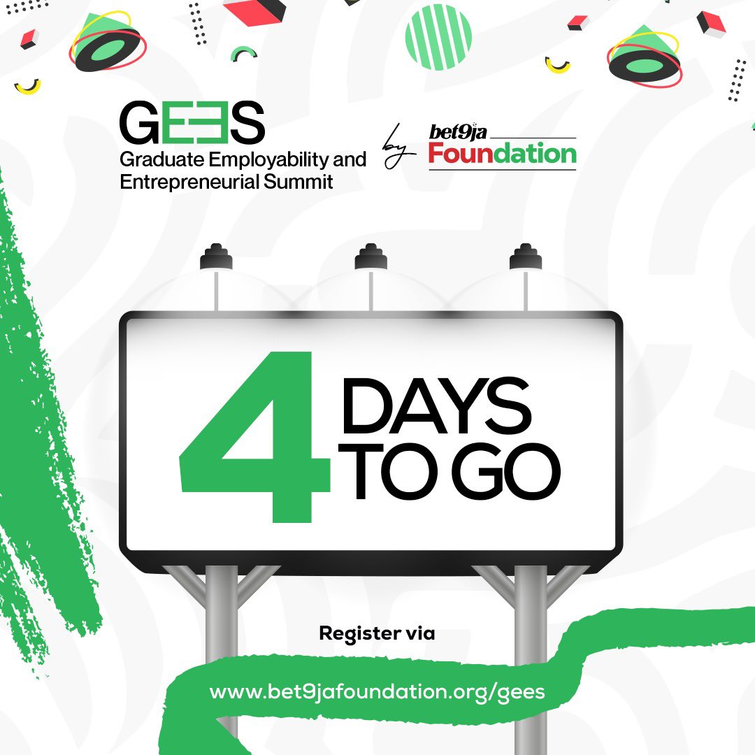 Just 4days until the Graduate Employability And Entrepreneurial Summit, GEES 2024

Click here to register on time: docs.google.com/forms/d/e/1FAI…

2nd of May, 2024 
9AM
The Zone, Plot 9, Gbagada Industrial Scheme, Lagos.

#Bet9jaFDNGees #TransformingLives