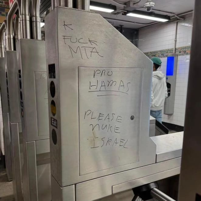 Sickening antisemitic graffiti spotted on the New York City subway. 'DEATH TO ALL JEWS' 'PRO HAMAS' 'PLEASE NUKE ISRAEL' The level of sheer hatred against Jews - all Jews - is terrifying.