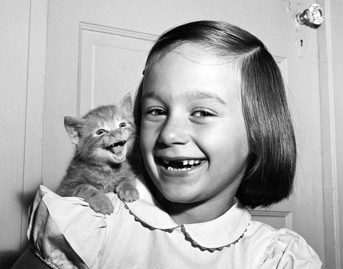 “Una bambina ed il suo gattino sembrano sorridere al fotografo….“
Possibile ? Si, perché la bambina è la figlia di Walter Chandoha, il più famoso fotografo di gatti del mondo.

“ L’arrivo di un gatto è sempre un piccolo ma importante punto di svolta nella vita di una persona…