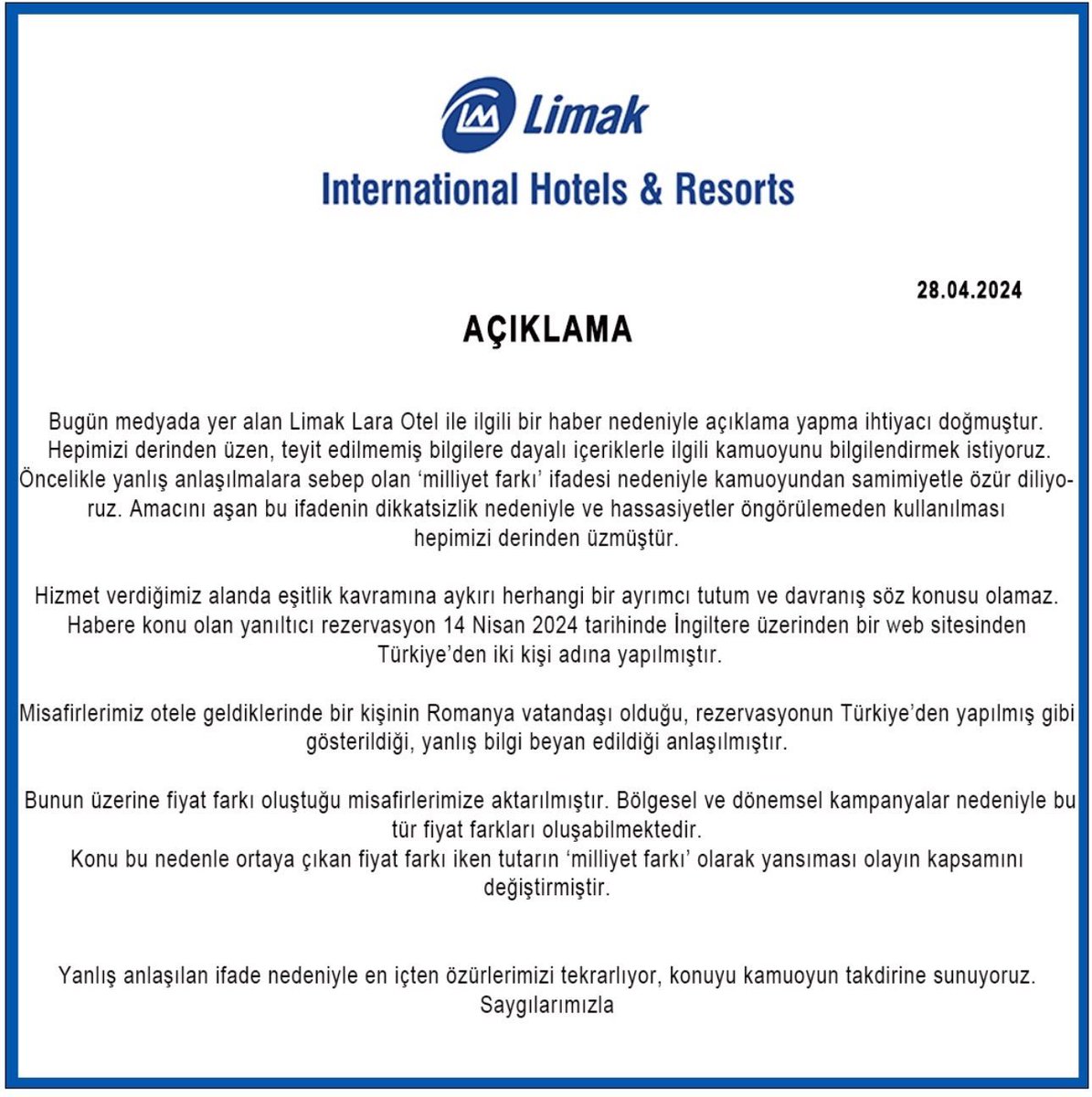 🛄 Yerli turistin daha pahalıya konakladığını itiraf etmiş. 🇹🇷 Mealen “Milliyet farkı ibaresini yazmayaydık, iyiydi.” demiş.