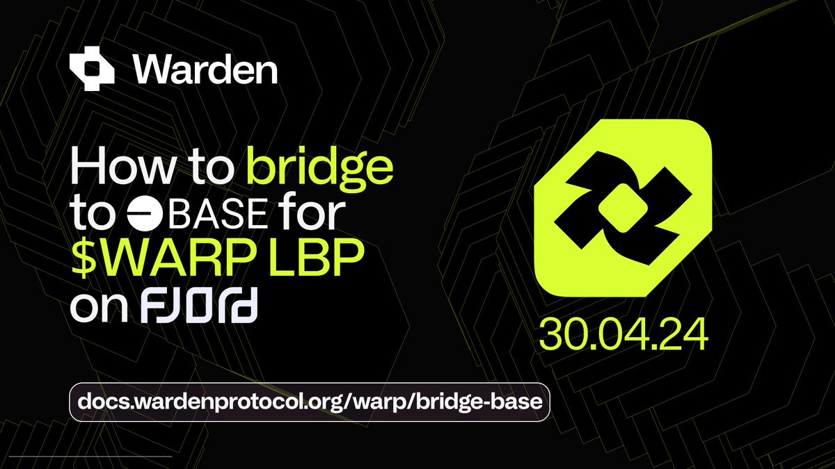 How to bridge to Base and participate to $WARP LBP on Fjord?
📅When? In less than 48h $WARP LBP will be live on <a href="/FjordFoundry/">Fjord Foundry</a>
👉Where? app.v2.fjordfoundry.com/pools/0xb1cC5a…
🔁How? Prepare your assets, bridge them to <a href="/base/">Base</a> - use <a href="/squidrouter/">squid</a> following this tutorial: docs.wardenprotocol.org/warp/bridge-ba…