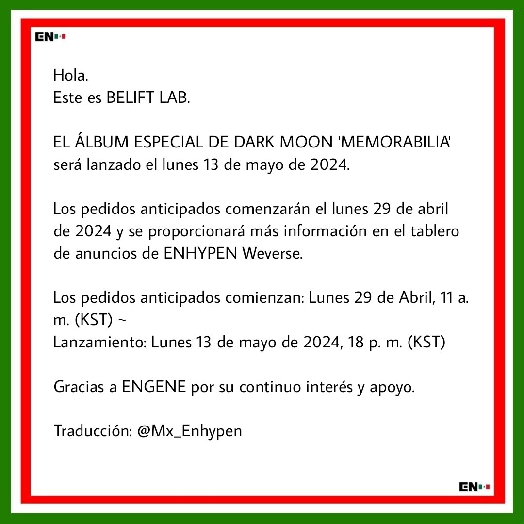 [COMUNICADO] 📢 #ENHYPEN #엔하이픈 240428 Traducción del comunicado de BELIFT en Weverse sobre el lanzamiento del álbum especial de DARK MOON 'MEMORABILIA' Traducción en la imagen ⬇️⬇️⬇️ @ENHYPEN_members © 🌟🐧 Enhypen México 🇲🇽