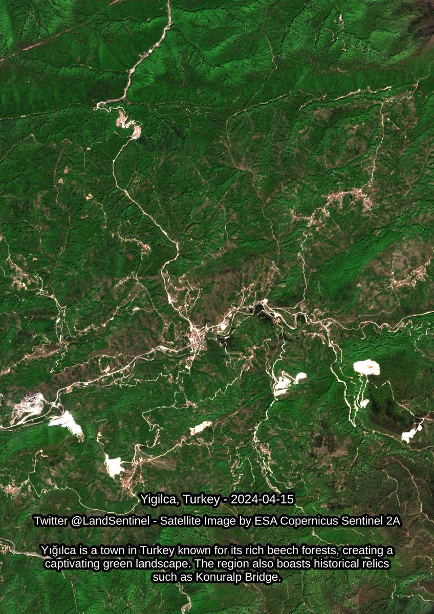 Yigilca - Turkey - 2024-04-15 Yığılca is a town in Turkey known for its rich beech forests, creating a captivating green landscape. The region also boasts historical relics such as Konuralp Bridge. #SatelliteImagery #Copernicus #Sentinel2