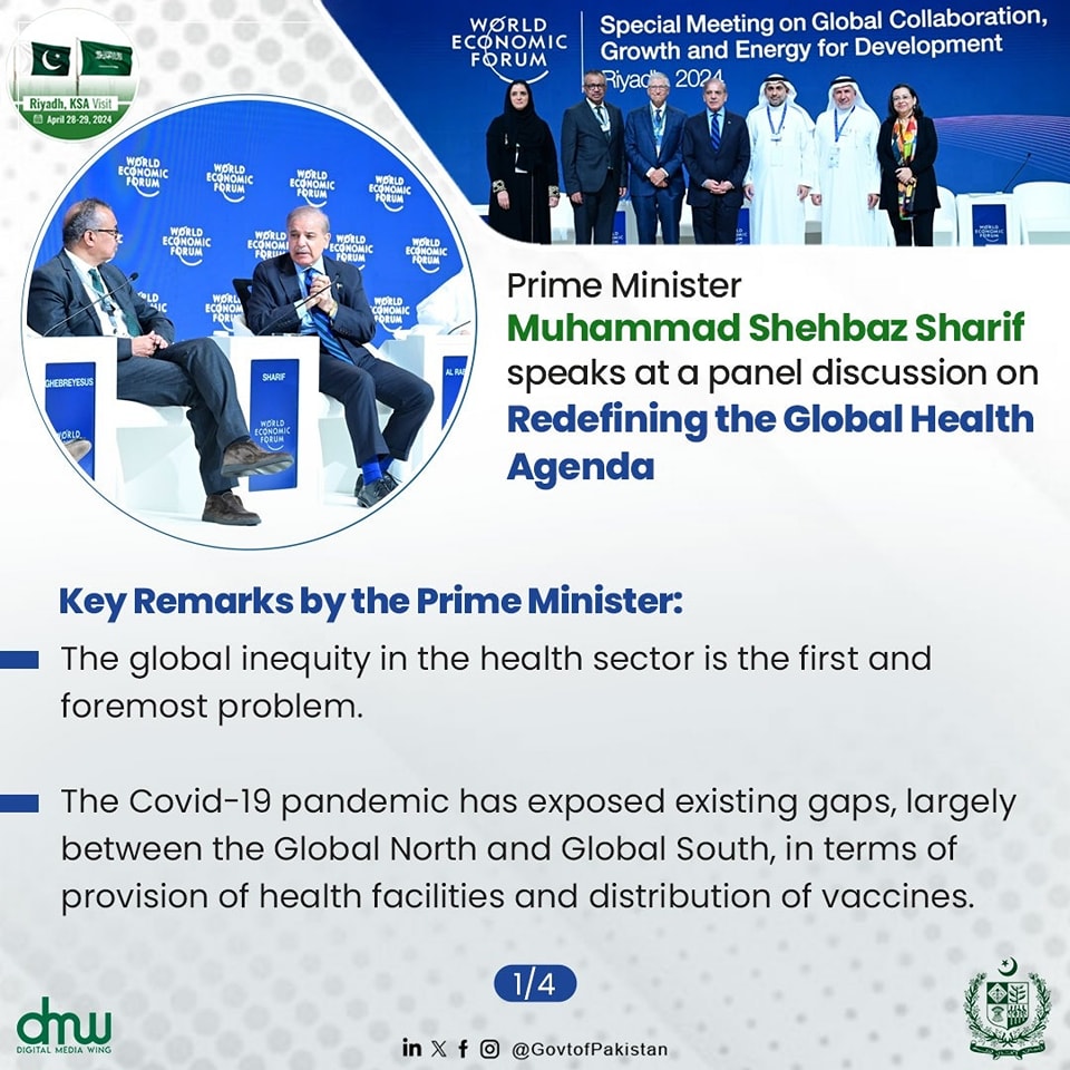 Prime Minister Muhammad Shehbaz Sharif emphasized the need to address global health inequities during a panel discussion on 'Redefining Global Health Agenda' at the World Economic Forum in Riyadh. He highlighted the devastating impact of climate change and the COVID-19 pandemic…