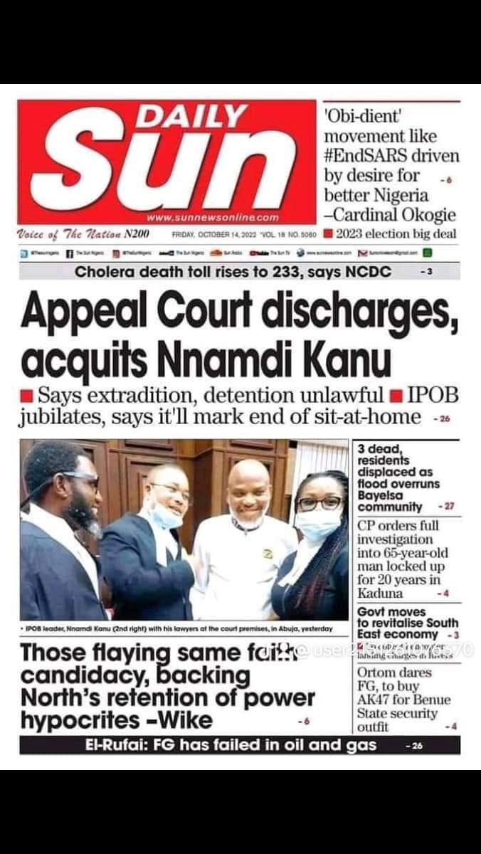 13th October 2022 judgement stands ✊🏾.
Discharged and acquitted 🙌🏾. 
Binta Nyako must step down she is incompetent!#FreeMaziNnamdiKanu