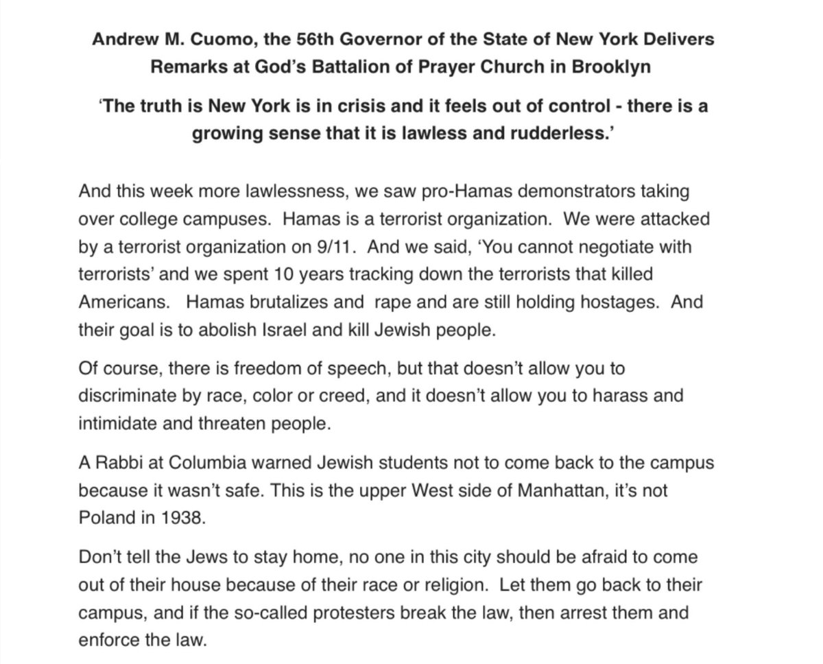 Former Gov. Andrew Cuomo at BK church re: campus protests: “Don’t tell the Jews to stay home, no one in this city should be afraid to come out of their house.. Let them go back to their campus, and if the so-called protesters break the law, then arrest them and enforce the law.”