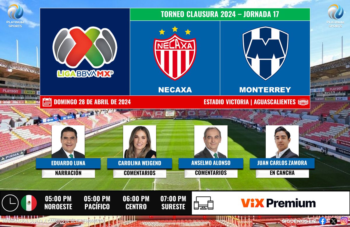 ⚽️ #LigaBBVAMX 🇲🇽 | #Necaxa vs. #Monterrey 
🇲🇽📱💻 @VIX (Premium)
🎙️ @laloeluna 
🎙️ @cweigend7 
🎙️ @AnselmoAlonso 
🎙️📝 @JCZamora07 
 
#LoNuestroEsElFútbol - #Jornada17