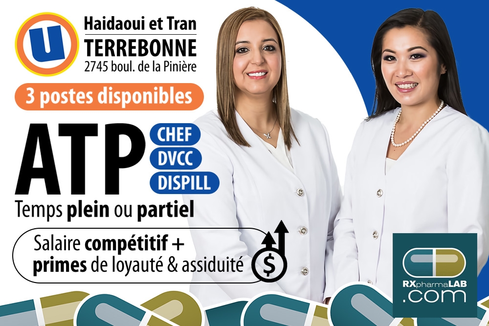 Opportunité à Terrebonne! ATP / Pharmacie Haidaoui et Tran. Plus d’infos RXpharmaLAB bit.ly/3uF0S5B

#emploi #Lanaudière #RXpharmaLAB #Assistant #AssistanteTechniqueEnPharmacie #Uniprix