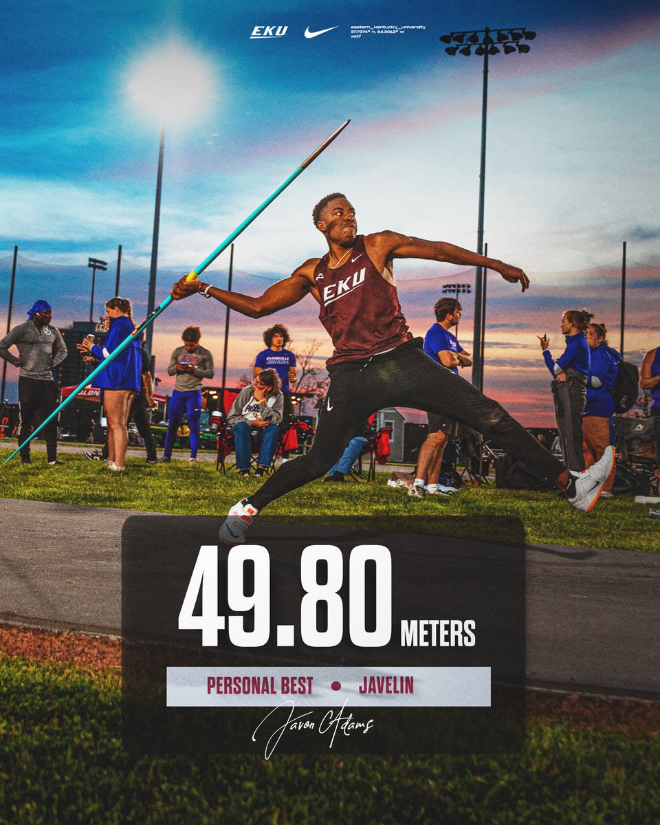 Javon earned his second PR of the meet! He finished fourth in the javelin with a personal-best throw of 49.80m at the Rick Erdmann Twilight! 👏 #GoBigE