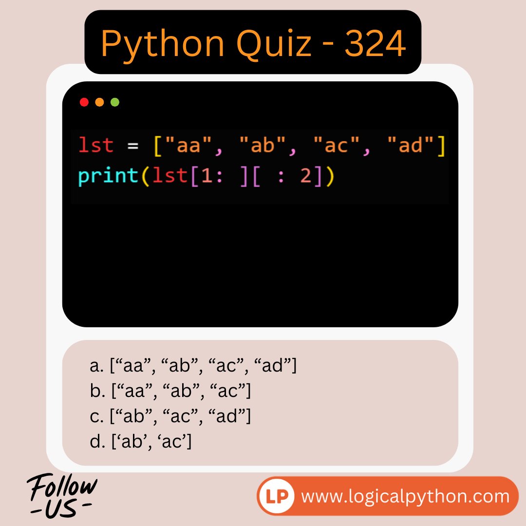 Python Quiz. What is the answer of the below question?

Answer with Explanation :- logicalpython.com/best-python-qu…

#Python #Programming #Coding #pythonprogramming #100DaysofCode