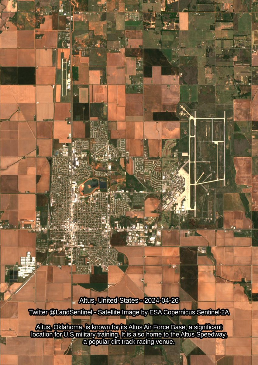 Altus - United States - 2024-04-26 Altus, Oklahoma, is known for its Altus Air Force Base, a significant location for U.S military training. It is also home to the Altus Speedway, a popular dirt track racing venue. #SatelliteImagery #Copernicus #Sentinel2