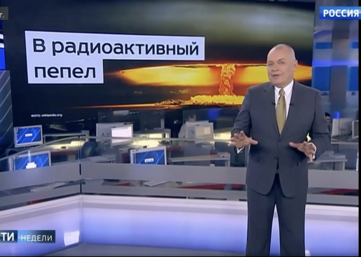 A headline from Russian state TV’s flagship news show tonight: “It will use them!” (“them” being nuclear weapons and “it” being Russia.) At times anchor Kiselyov’s nuclear monologue seems aimed more at the West than a domestic audience. Perhaps because he's responding to an