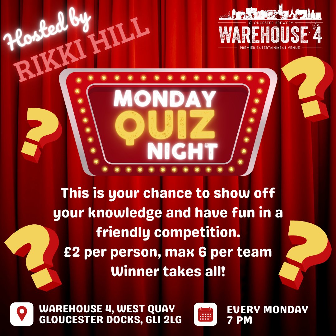 Monday nights mean QUIZ NIGHT at Gloucester Brewery's Warehouse 4! 🎉 Join us for the longest-running and liveliest quiz in Gloucester Quays, hosted by Rikki Hill. Gather your team, show off your knowledge, and compete for the ultimate bragging rights! #QuizNight #GloucesterQuays