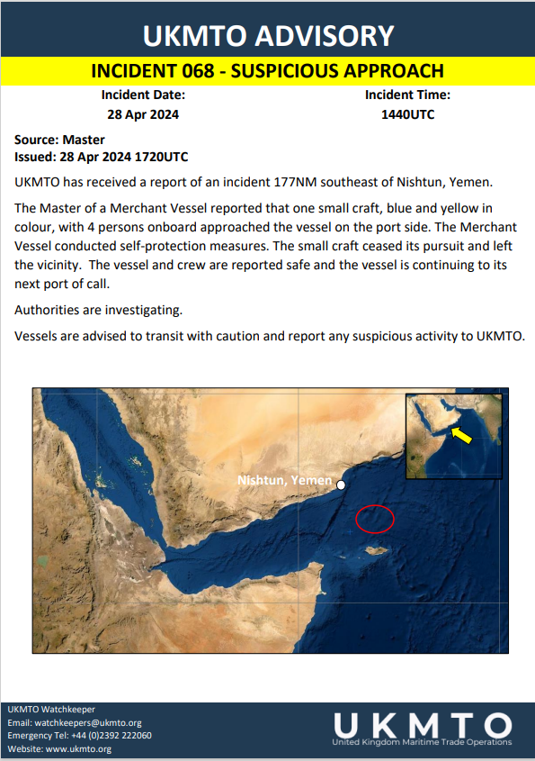 UKMTO ADVISORY INCIDENT 068 SUSPICIOUS APPROACH ukmto.org/indian-ocean/u… #MaritimeSecurity #MarSec