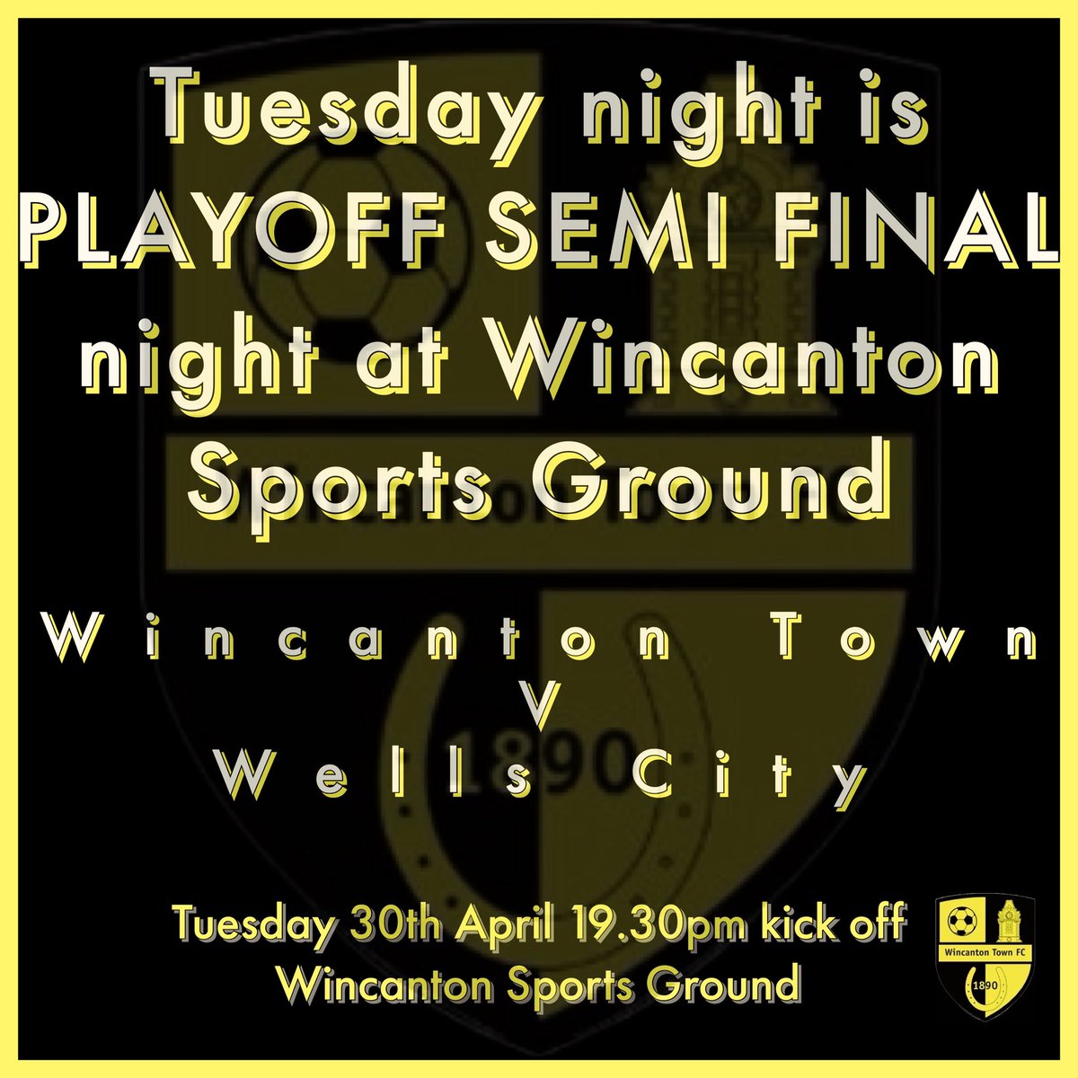 WincantontownFC's tweet photo. 🗣️ - PLAYOFF SEMI FINAL 

All attention now turns to Tuesdays playoff v @CityWellsfc 

Twice beaten semi finalists in the last 2 seasons this is our first semi final at home.

Tickets are;

£6 adults 
£4 concessions 
Under 16s go free! 
Both cash &amp; card accepted

#upthewasps https://t.co/24fpWcbnKN
