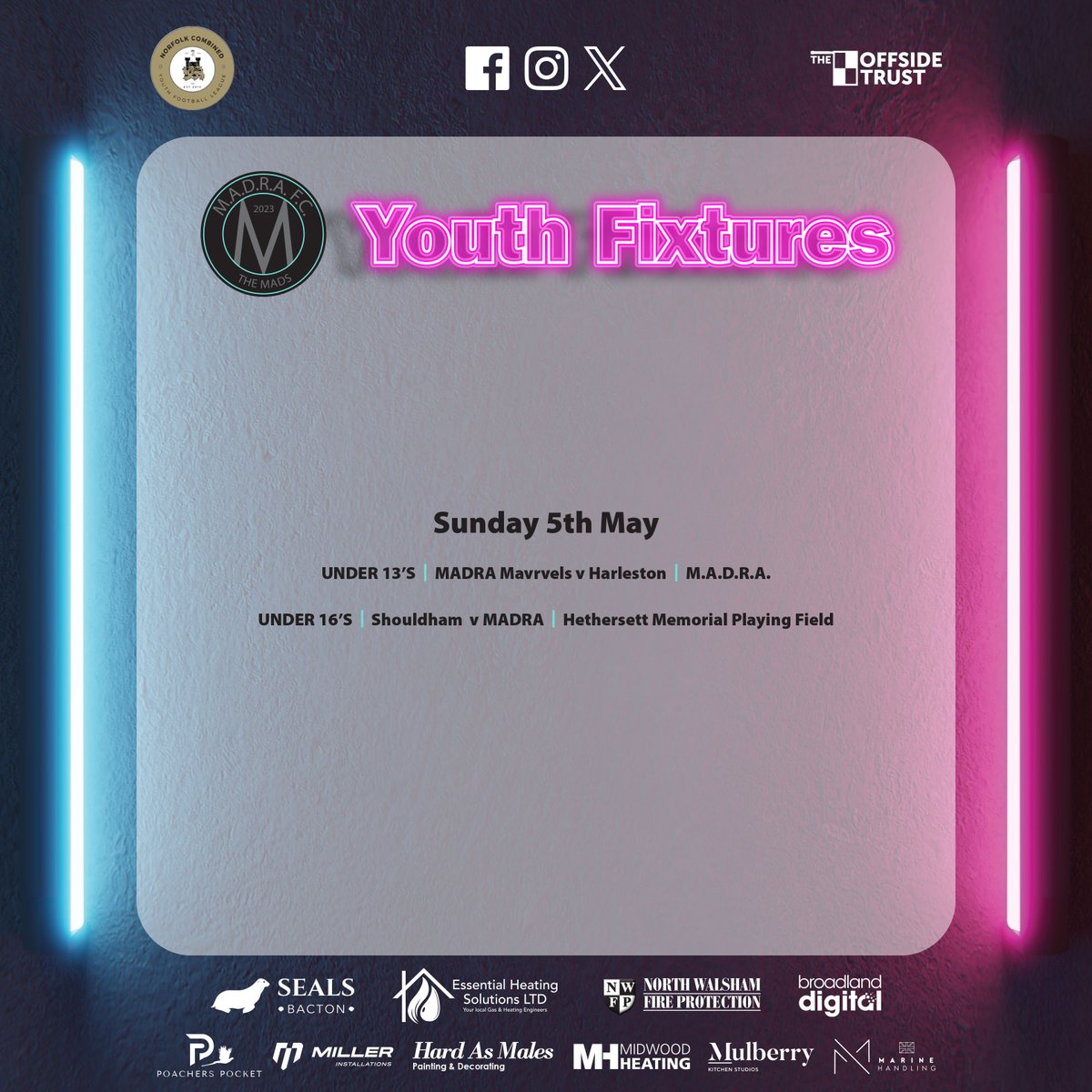 Youth Fixtures!
#UpTheMads #WelcomeToTheMadhouse #Madness #TheMads #MadraFC #NorfolkFootball #OneStepBeyond