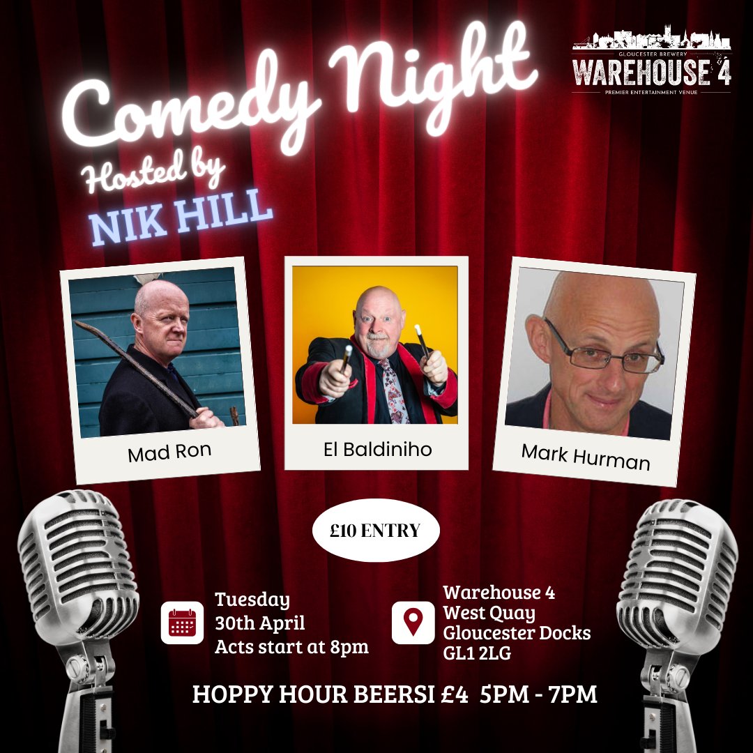 😂 Get ready for a night of laughter at Gloucester Brewery's Warehouse 4 Taproom! Stand Up Comedy Night features El Baldiniho, Mad Ron, Mark Hurman, and host Nik Hill! Comedy kicks off at 7pm - don't miss out on the hilarity! 🎭🍻 #ComedyNight #GloucesterQuays #Warehouse4 🎤