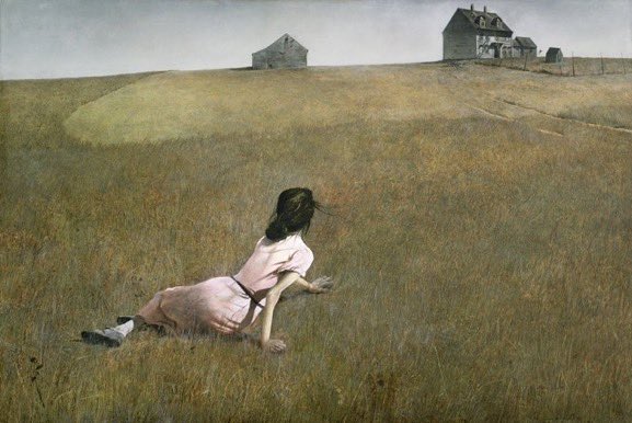 I noticed this as a poster/mural at the Southbank yesterday: After Christina's World by Andrew Wyeth & Christina's World by Andrew Wyeth 1948 Egg tempera on gessoed panel (Museum of Modern Art, New York City)