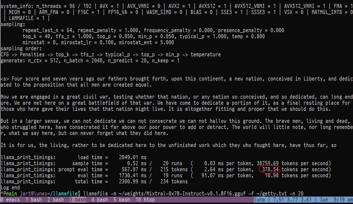 Mixtral 8x7b going 378 tokens per second on CPU.