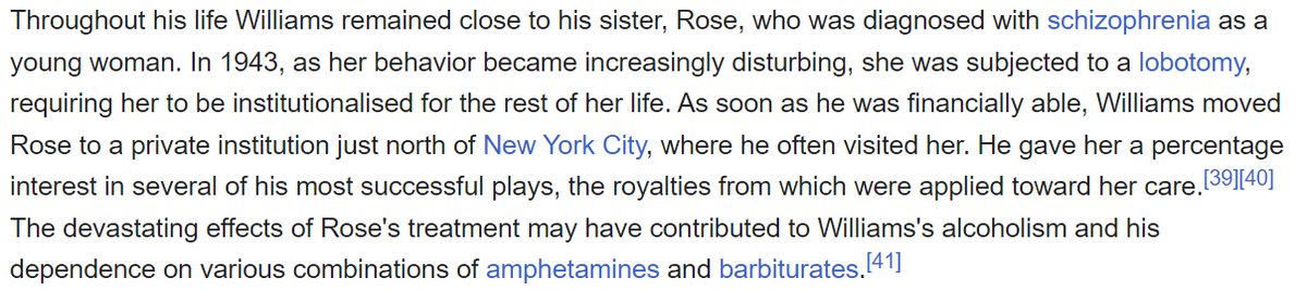 Lo de lobotomizar a mujeres en los años 40 debió ser todo un tema. Rose, la hermana del escritor Tennessee Williams, también pasó por lo mismo. De ahí que el autor introdujera el tema como guionista en el film 'De repente, el último verano' (Mankiewicz, 1959).