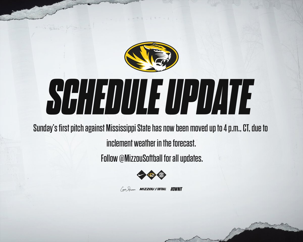 🚨 SCHEDULE UPDATE 🚨 Due to inclement weather in the forecast for the Columbia area, Sunday's first pitch has been moved up to 4 p.m., CT. #OwnIt #MIZ 🐯🥎