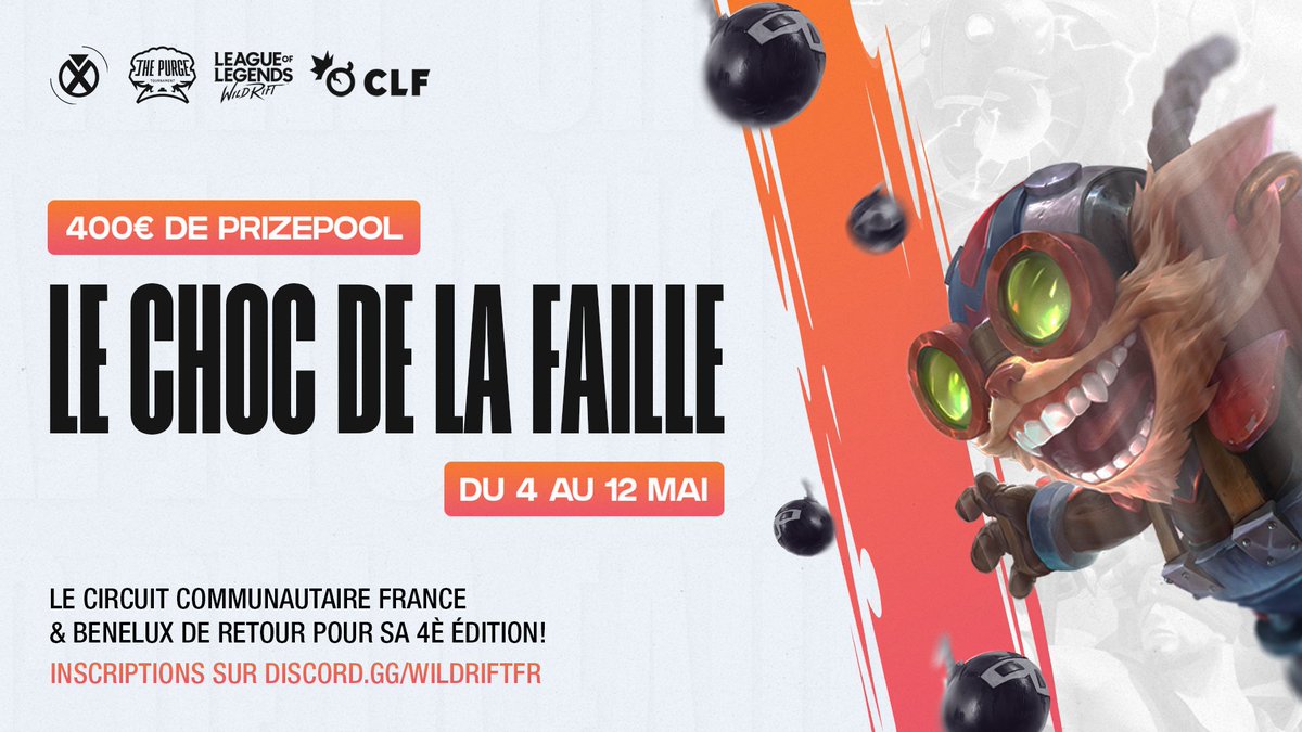 Le Choc de La Faille revient en force pour une 4ème édition explosive ! 💥 🗓️ 4-12 Mai 💸 400€ + skins à gagner ⚔️ Circuit @wildriftfr 5v5 🔥 France & Benelux 🤝 Sponsorisé par @cavinxesport @PurgeTournament Pour en savoir plus, c'est par ici 👉discord.gg/wildriftfr