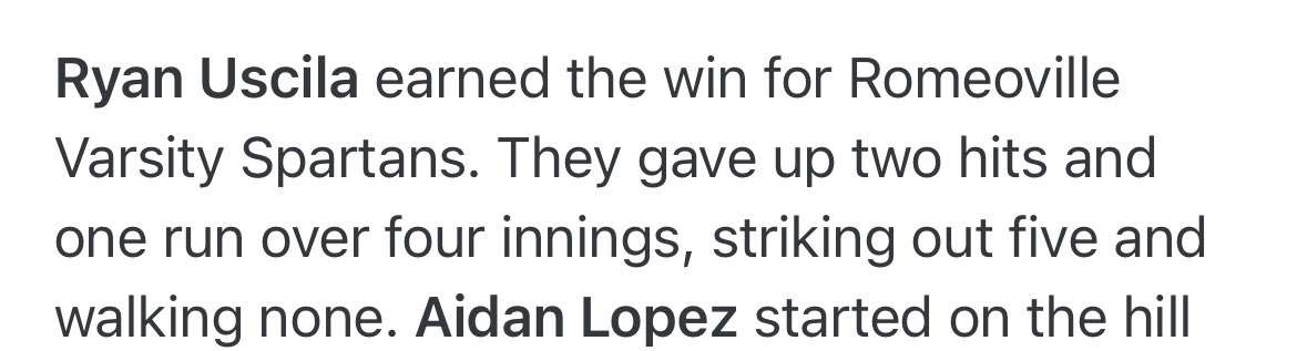 April 27th v. Streamwood, came in relief and got the win. 4IP, 45TP-35TS (77.7%, 11.25P/IP) 2H, 1R, 0BB, 5SO, along with going 1-2 at the plate with a 2B @rhsspartansbb @Ilpremierbb @FlatgroundApp @Elis032 @PBR_Uncommitted