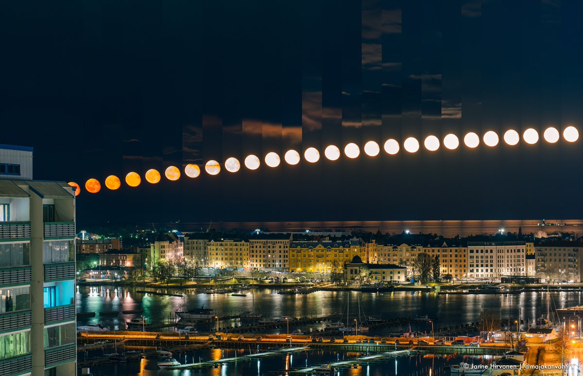 Low arc of Moon behind Katajanokka, Helsinki. Shot 27th April 2024.