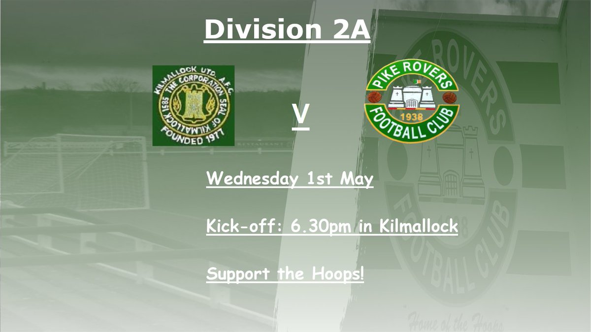 Upcoming Junior, Youth & U17 fixtures

Tuesday 30th April

Youth Division One
Pike Rovers vs Mungret Regional
6.30pm, G Clancy

Wednesday 1st May

Division 2A
Kilmallock B vs Pike Rovers B
6.30pm, B Higgins
