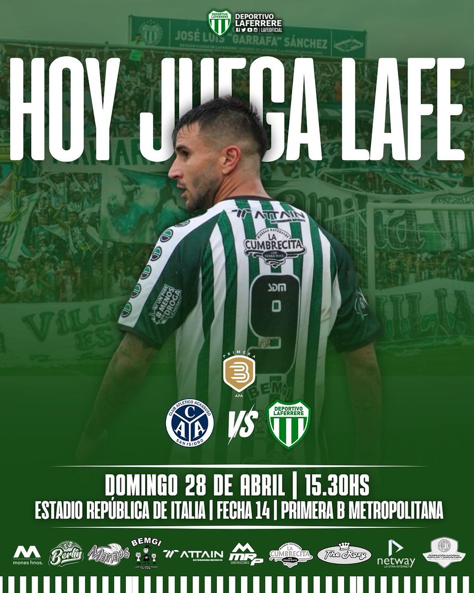 ¡HOY! #JuegaLafe 💪🇳🇬 👉 El Verde visita a Susso en Italiano (a puertas cerradas). 🆚 @AcassusoOficial 📌 Domingo 28/04 🕞 15:30 hs. 🏟️ Estadio República de Italia 🤵 Dirige Sebastián Bresba 🖥️ @TyCSportsPlay Fecha 14 #PrimeraB 2024 #TodosJuntos 💚🤍💚 #DaleVerde 💪🇳🇬