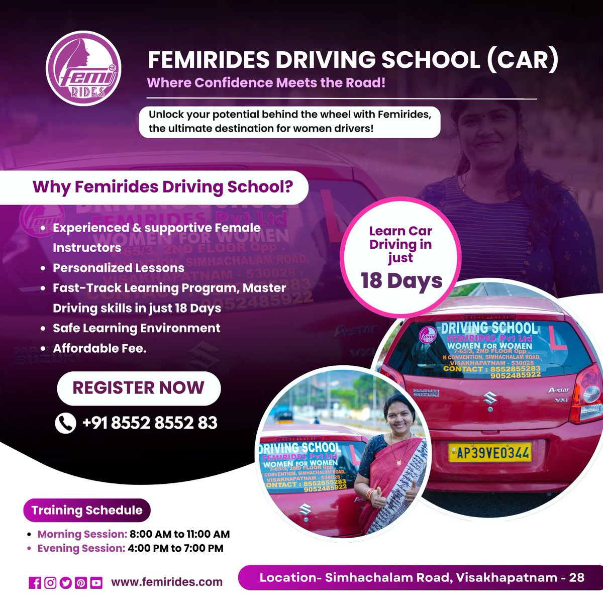 For more informationandqueries, Call us- +91 8552855283.

#FemiRides #Vizag #visakhapatnam #AndhraPradesh #simhachalam #drivingschool #womendrivingschool #RegisterNow #womensupportingwomen #cardrivingschool #bikedrivingschool #womenonwheels