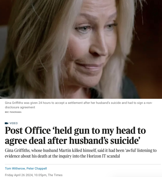 Post Office “held gun to my head to agree deal after husband’s suicide”. Gina Griffiths, whose husband Martin killed himself after Post Office falsely accused him of theft, said it had been “awful” listening to evidence about his death #PostOfficeInquiry thetimes.co.uk/article/post-o…