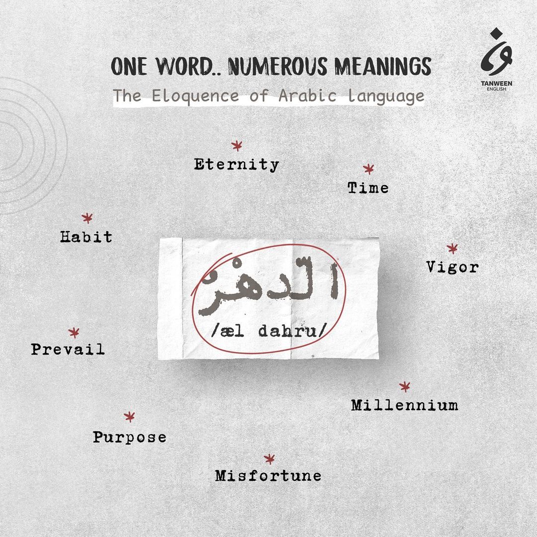 #Arabic is considered one of the most eloquent, classical and agglutinative languages. The word “الدّهْرُ” for instance, which literally translates to “eternity” has many meanings, including:

#arabiclanguage #arabicwords #learnarabic #wordoftheday #arabicliterature