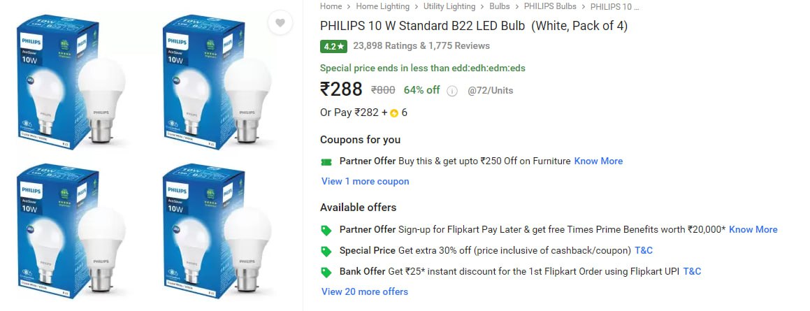 💥 PHILIPS 10 W Standard B22 LED Bulb(Pack of 4) ⚡

Read More: fkrt.to/9kML8A8m

MRP: ₹569 - Offer:  ₹288

#roobai #roobaioffl #StealDeal #Exclusive #bestoffers #onlineshopping #ecommerce #shoponline #business #deals #tips #shoppingonline #visit #sale #sale #fashion…