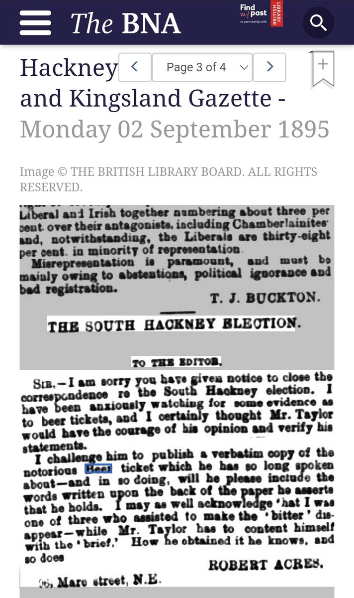 It seems this 'beer ticket' (an electioneering tactic outlawed in 1880s) might have been a spoof of some sort in contested campaigning tactics used in South Hackney during 1895 Gen Elec when Liberal John Moulton lost seat to Cons Herbert Robertson - letters courtesy of @BNArchive