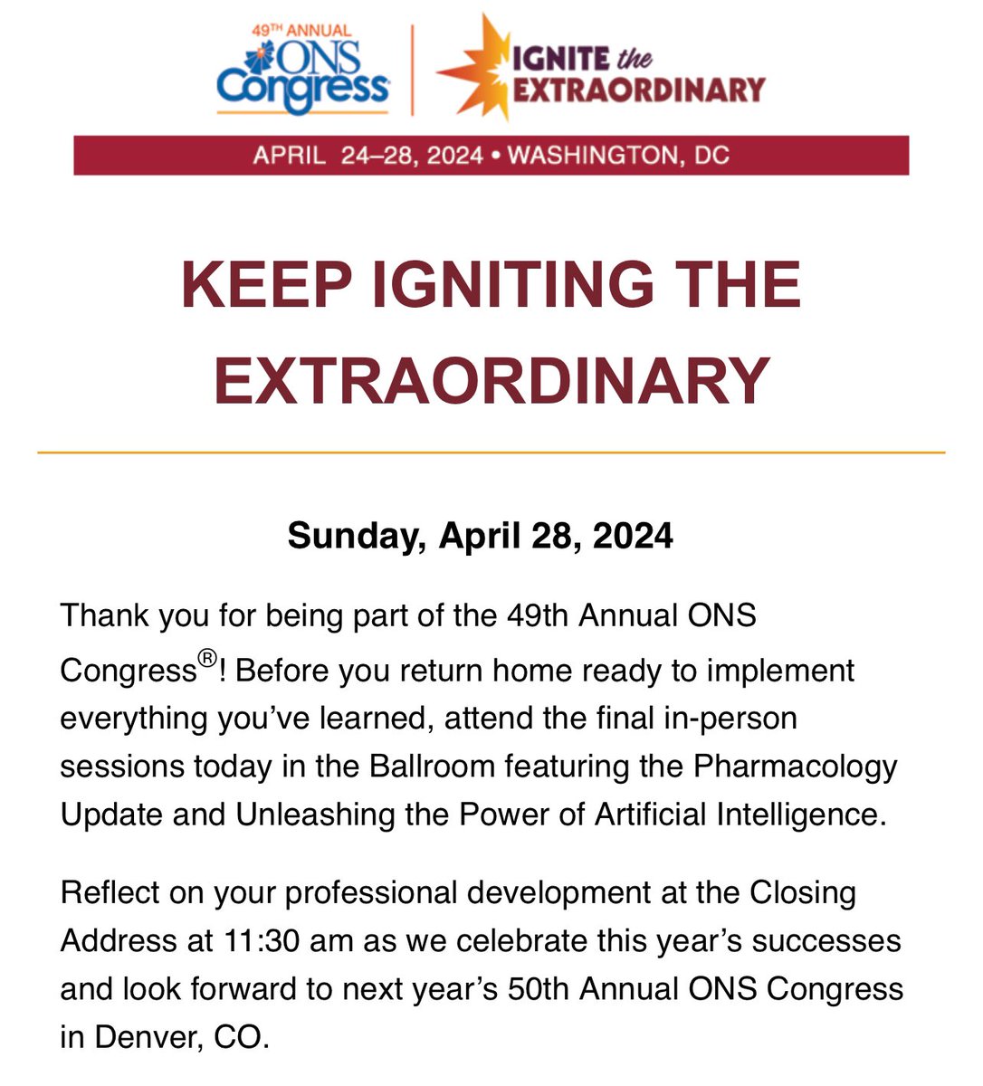 Say it isn’t so! The last day of an extraordinary #ONSCongress! Looking forward to this morning’s sessions on #AI & pharmacology, plus the closing address by new @oncologynursing President @jessiemac07 🧡💙