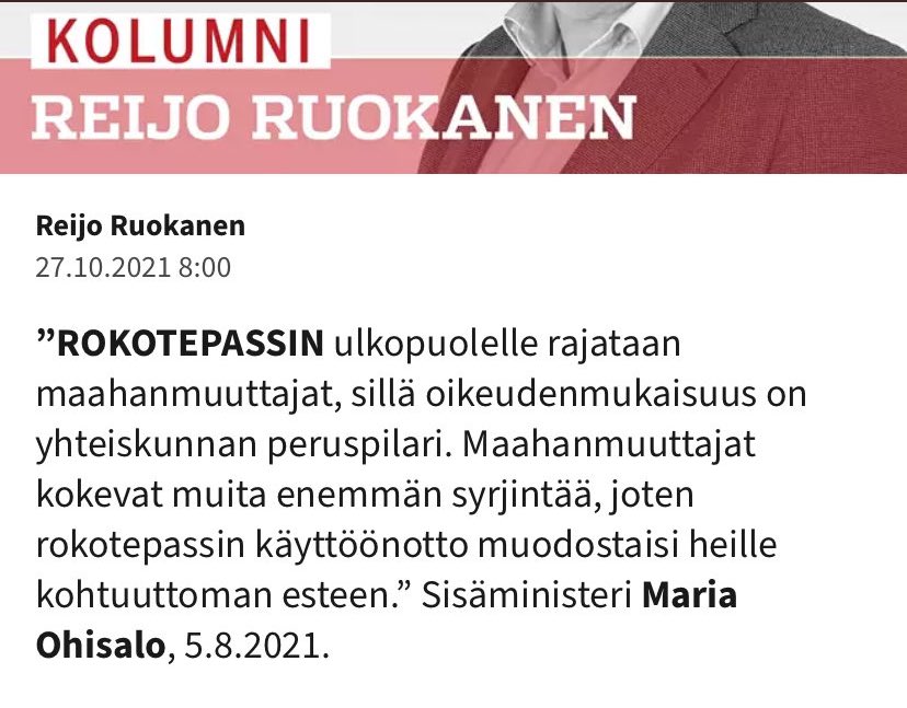 Kerta tämä teksti kuvassa on fake news, tarkoittaa se sitä että ⁦@MariaOhisalo⁩ kyykytti ja orjuutti myös maahanmuuttajia koronapassilla 😎 #CaseCovidPass 

⁦@iltasanomat⁩ ⁦@reijoruokanen⁩