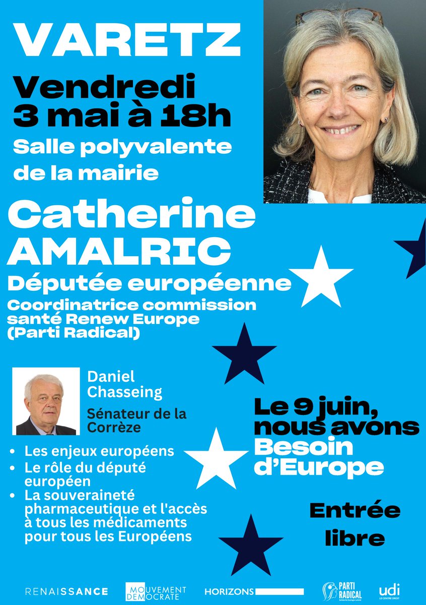 Le 3 mai, à Varetz, Catherine Amalric, députée européenne viendra nous parler du #besoinDEurope de la santé. Venez assister ! (entrée libre) @AMALRICCatheri1 @BesoindEurope @ValerieHayer @RenewEurope @Renaissance @RenaissanceCor2 @MoDemCorreze @PartiRadical19