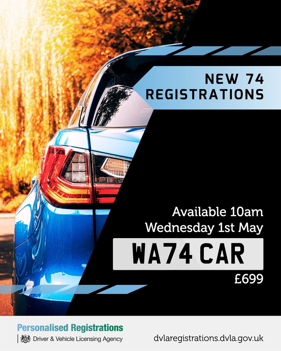 Check out this amazing registration!

The 74 series of registrations is now available for viewing! 📣

They will be available to buy from 10am on the 1st of May 📆

Find your favourite here 👉 ow.ly/AK0s50Rn5lH

#MyDVLAReg #MakeItPersonal #DVLARegistrations