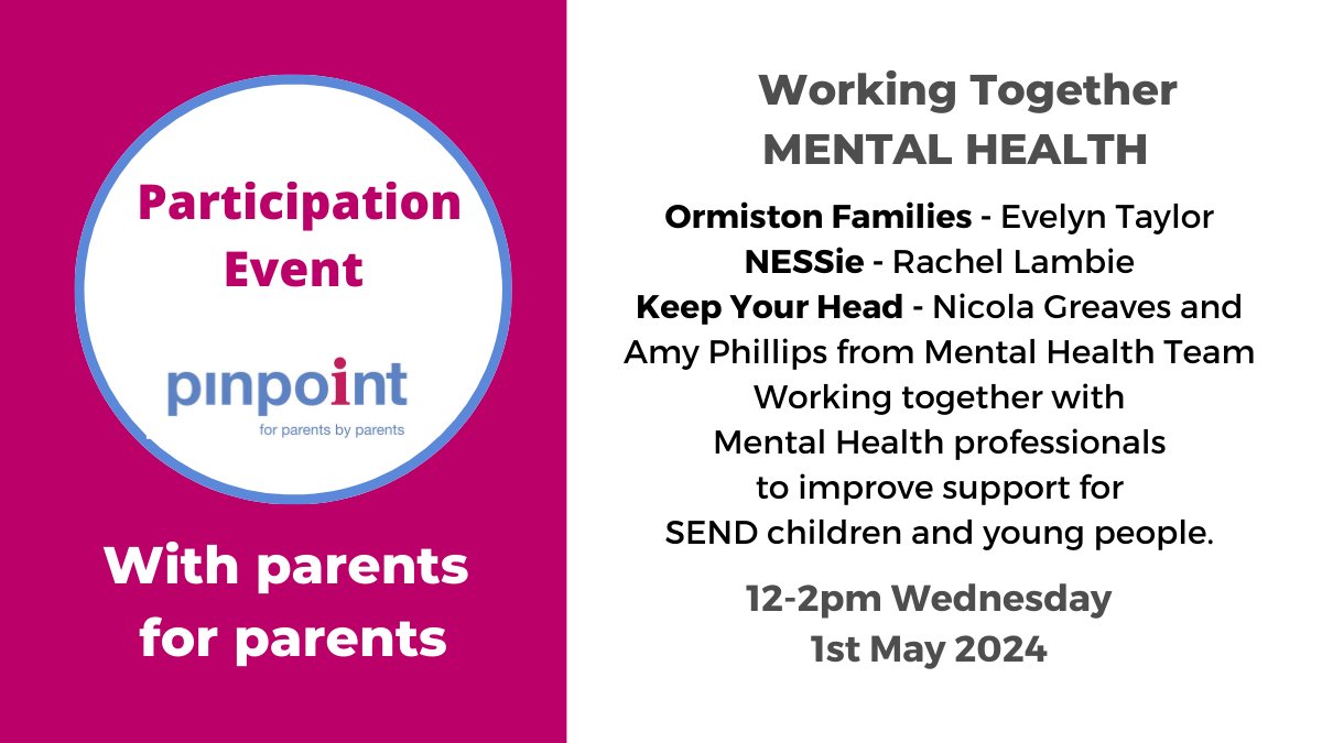 It's this week! Pinpoint Participation Events are termly sessions offering a safe space for SEND parents carers & Mental Health professionals to work together to improve support for SEND children & young people. Book here: ow.ly/4ySI50RnOqn #ChildrensMentalHealth #EBSA